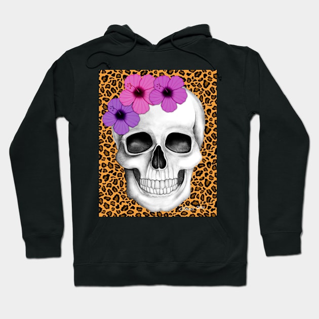 Skull With Flowers (On Leopard Print Background) Hoodie by GDGCreations